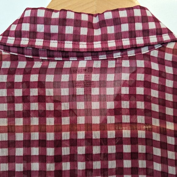 American Rag Cie Button-up Blouse Sheer Top Womens XL Red White Gingham Roll-Tab - Picture 12 of 15